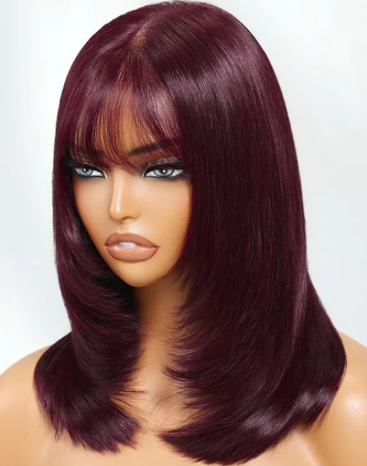 99J Burgundy Layered Lace Wig With Bang Short Bob Straight Human Hair Wigs 13x4 13x6 HD Lace Frontal Wig Glueless Pre-Plucked Wear And Go Cosplay for Wemon