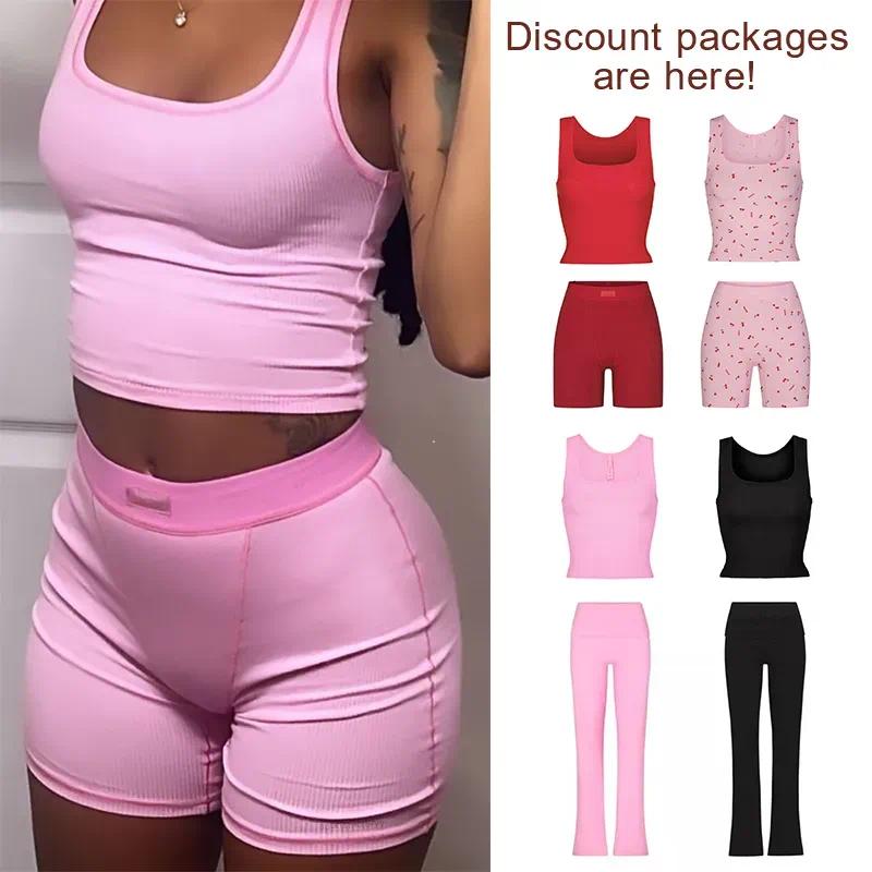 Skims Kardashian style square necked U neck fitted comfortable solid-color lingerie base top shorts set for women set skimss women clothes
