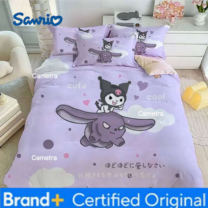 Sanrio 100% Cotton Cute Kuromi Children's Quilt Cover Sheets Pillowcases Bedding 3-piece Cartoon Girl Four-piece Set H260205