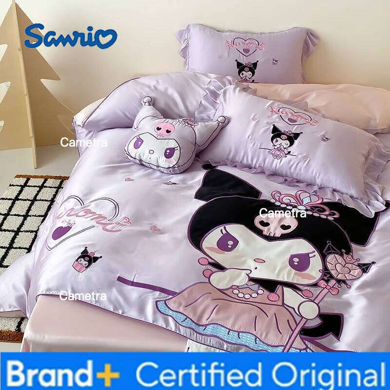 Sanrio Tencel Four Cartoon Kuromi Three Piece Set Summer Ice Silk Quilt Cover Bed Sheet Bedding Send a pillow H260205