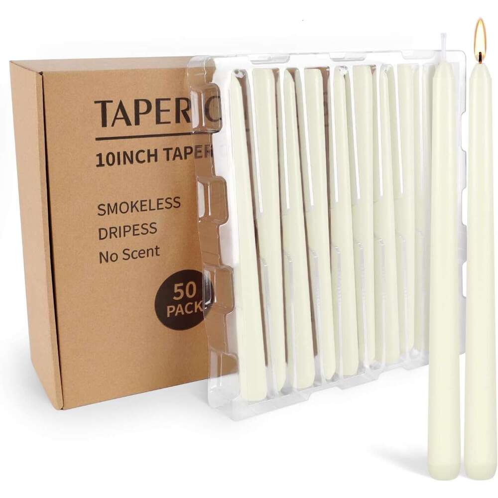 50 Pack Ivory Taper Candles 10 Inch - Classic Soft White Dinner Candles, Dripless Unscented Premium Wax with Cotton Wick, 8-Hour Burn Time for Wedding