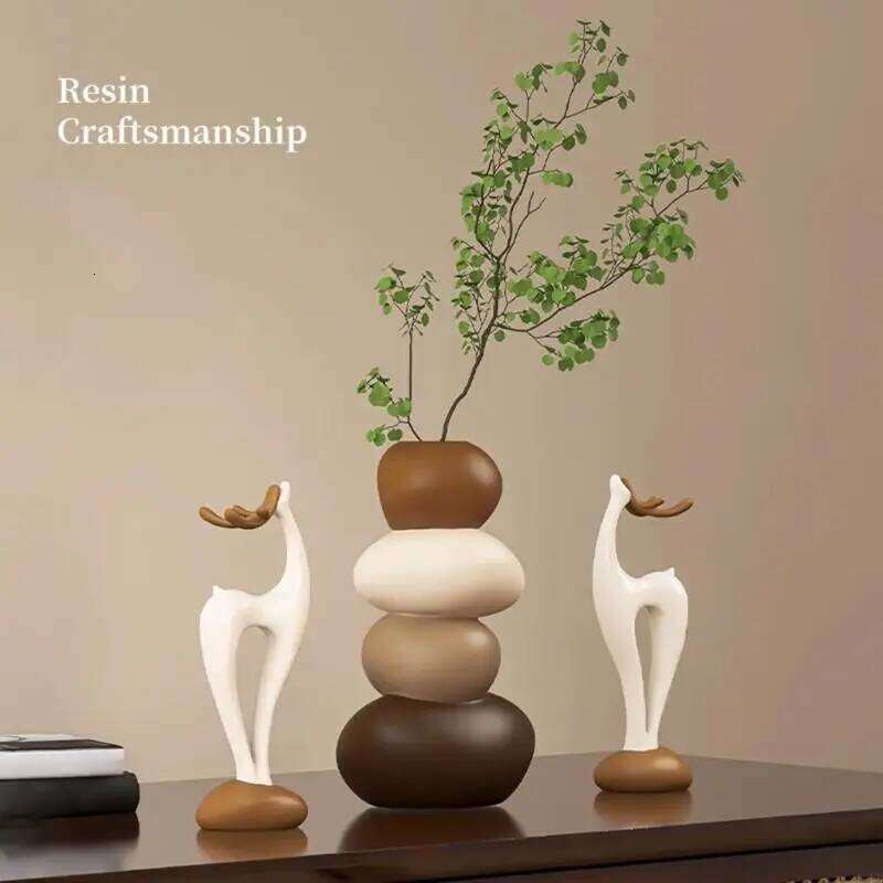 Resin Deer Figurines with Flower Vase Small Animal Statue Sculpture Table Ornament for Home Decors Housewarmings Gift P9YB S260204
