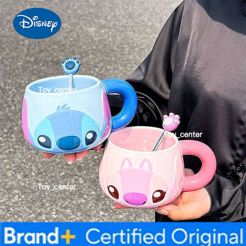 Disney New Cartoon Stitch Ceramic Mug Kawaii Angel with Spoon Coffee Office Water Cup Couple Creative Festival Gift H260205
