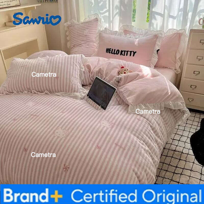 Sanrio Hello Kitty Kuromi cartoon cute warm plus velvet lace four-piece set creative student children's bed sheet quilt cover H260205
