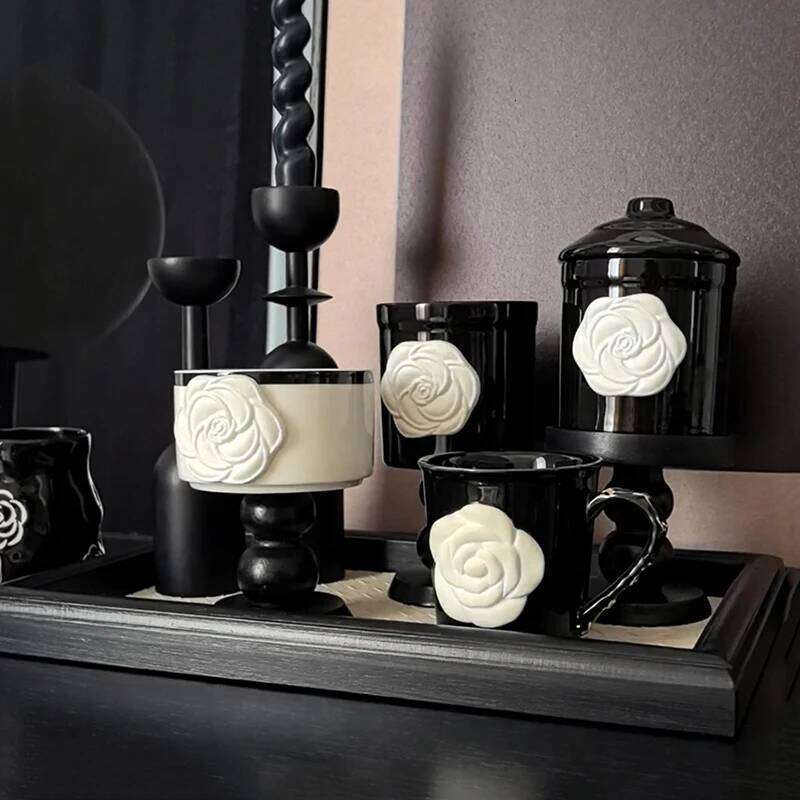 Vintage Camellia Embossed Coffee Mug Ceramic Globot Cup, Stylish Retro Luxury Drinkware for Home Use