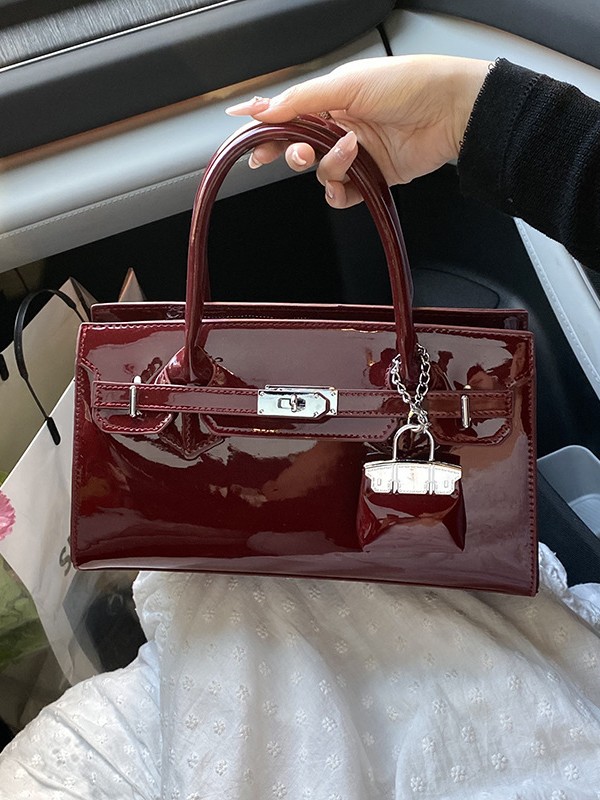 2026 Women's Patent Leather Satchel Bag, Classic Top Handle Tote with Metal Lock & Detachable Strap