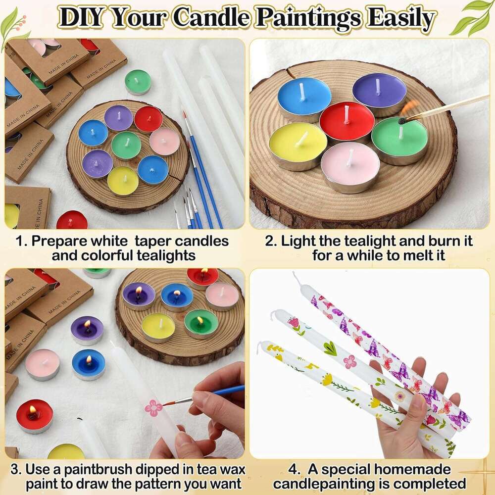 MTLEE 78 Pcs DIY Candle Painting Kit Include 12 White Taper 60 Colored Tealight Candles 6 Paint Brushes for Crafts Birthday Wedding Party FavorsMulti 