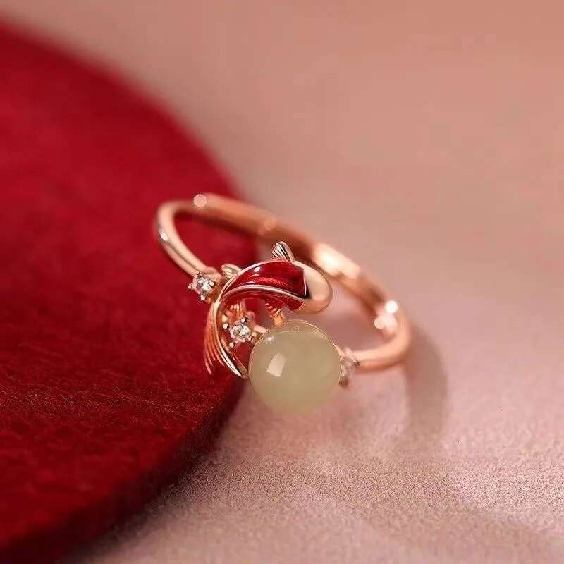 Designer Gold Plated Open Ring Chinese Traditional Style Imitation Jade Carp Goldfish Adjustable Band For Festival Wedding Daily Wear Gift