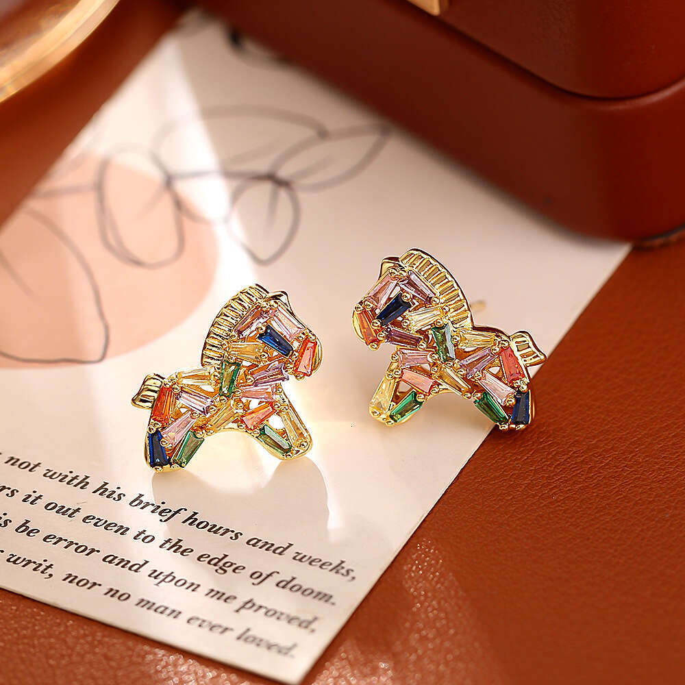 Hot-Selling Zodiac Little Horse Colorful Crystal 24K Plated High-End Fashion Exquisite Cute Internet Celebrity Style Earrings for Women - view 5