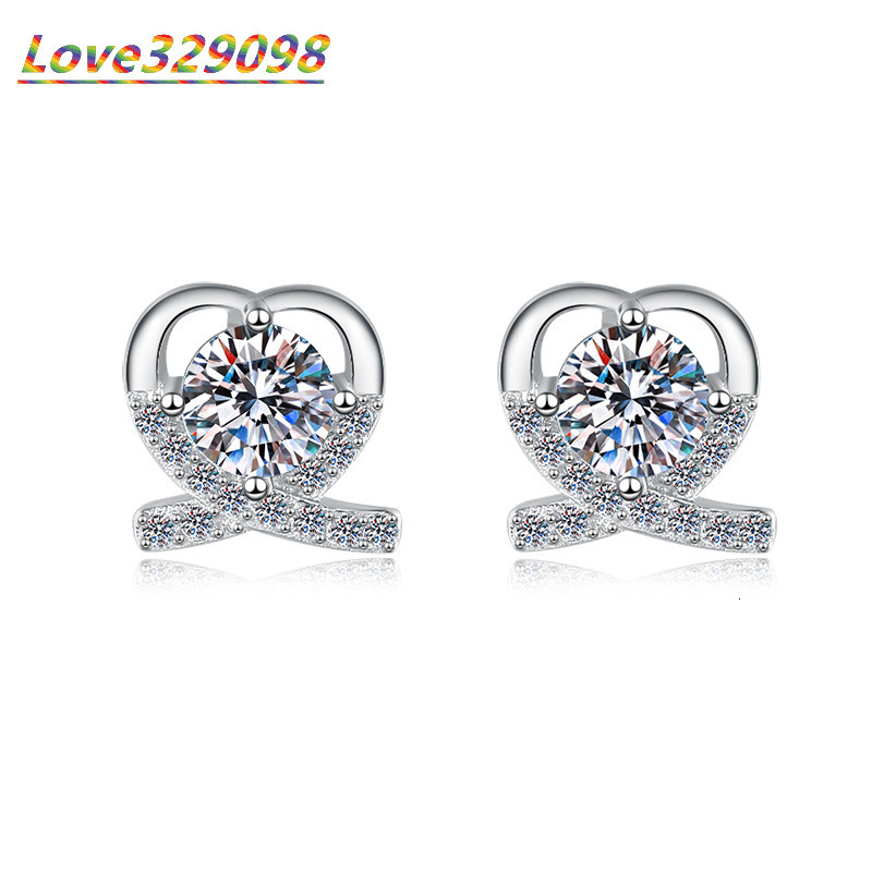 Romantic heart-shaped bow ring halo earrings S925 silver 18K gold sparkling cut moissanite women's earrings