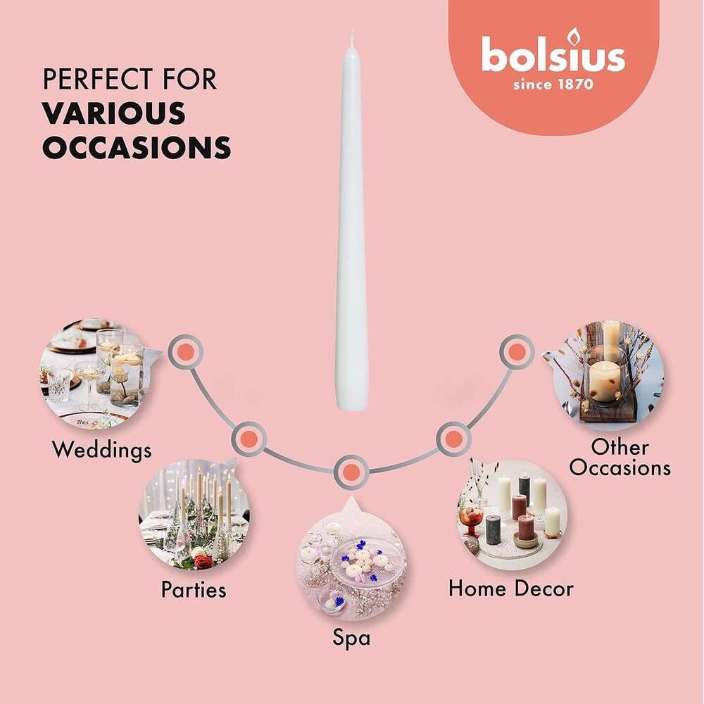 BOLSIUS Unscented Inch Dinner Candles, 10 Pack - 8 Hour European Quality Smokeless Dripless Taper Candles for Home Dcor S260204