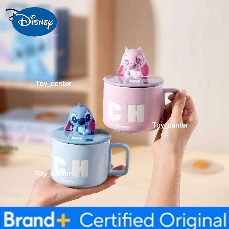 Disney Stitch Angie cartoon anime couples mug cute ceramic milk Creative cup lid phone holder home decoration gift for girls H260205