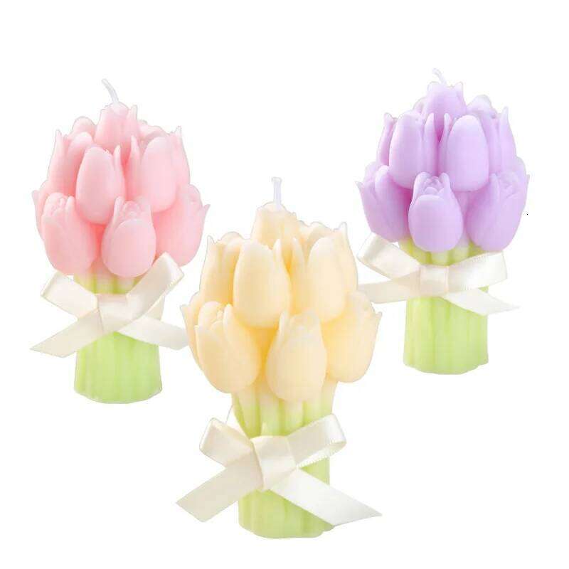 Tulip Bouquet Shaped Festive Atmosphere Gift, Souvenir, Handcrafted Flower Scented Candle, Table Decoration S260204