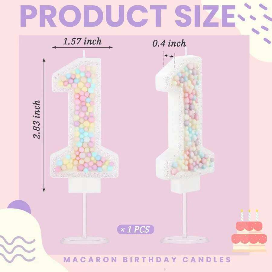 Birthday Macaron Pastel Glitter 3D Number Candle with 12 Pcs Rainbow Spiral Candles in Holders for Girl Boy Cake S260204