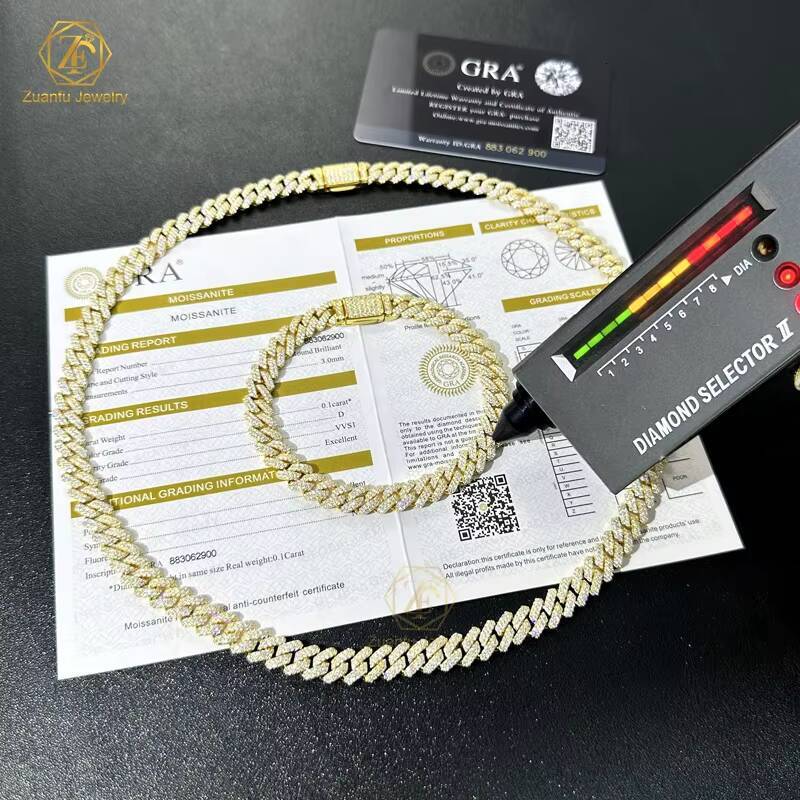 Wholesale 8MM 20 Inches Hip Hop Vvs Diamond Necklace 8inches Bracelet 925 Silver Iced Out 2 Rows Cuban Link Moissanite Chain