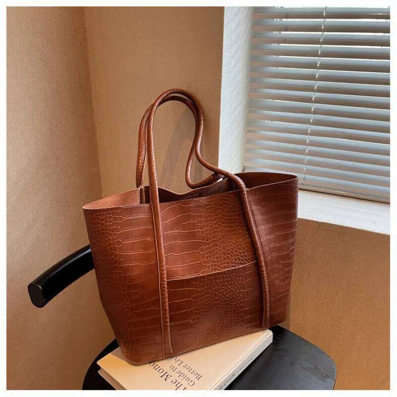 Crocodile Pattern Women Set 2-IN-1 Large Capacity Shopping Totes Shoulder Bags with Pure Color Soft PU Leather Big Tote Bag Y260204