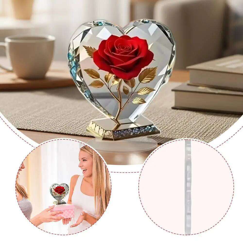 2D Acrylic Bohemian Heart Shaped Sculpture Ornament with Red Roses and Gold accents Elegant Desktop Decora for Home or Office S260204