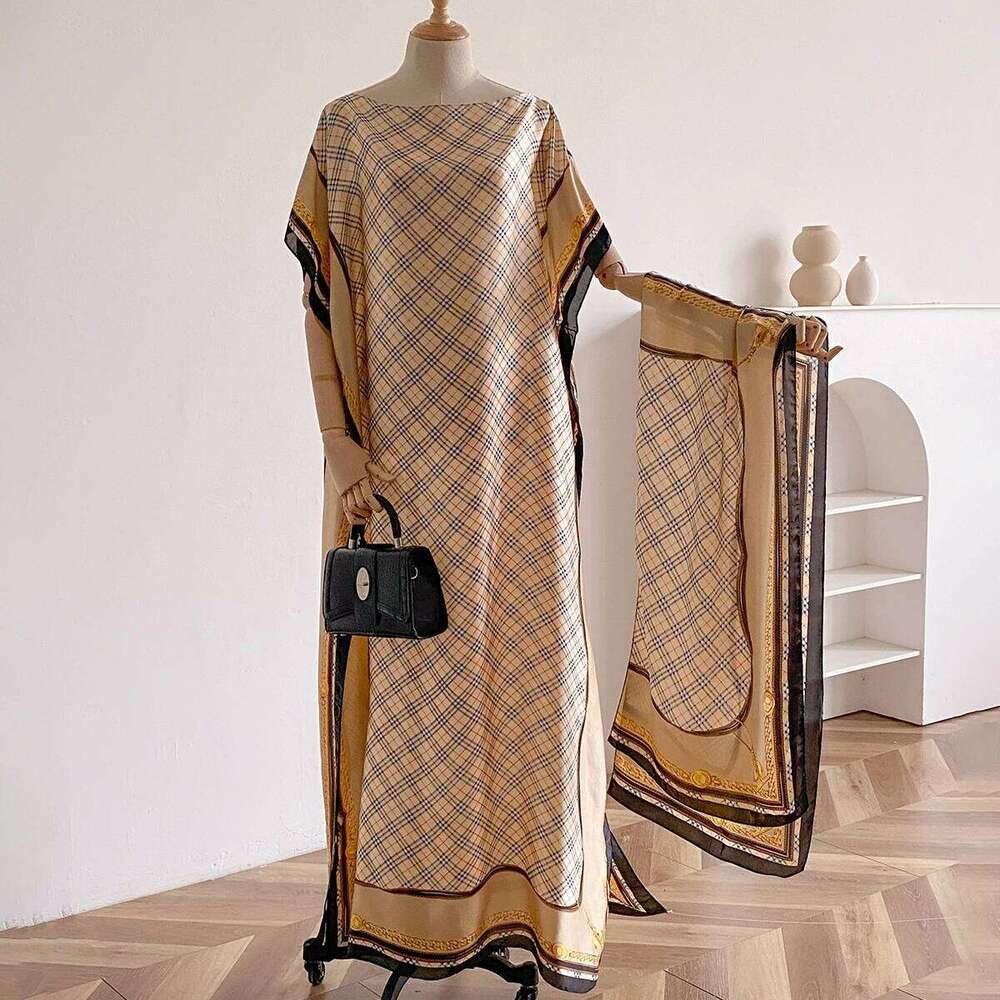 Summer New Fashion African Dresses For Women Elegant Printed Silk Muslim Lady Long Hijab Kaftan Dress Oversize Kuwait Abaya 26Y0205