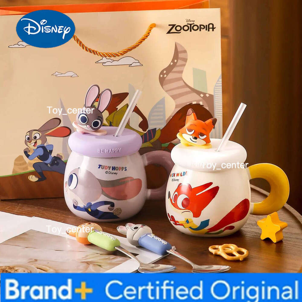 Disney Zootopia Large Capacity Water Cups Couple Cartoon Ceramic Breakfast Milk Mugs with Lid and Straw Creative Office Coffee Cup H260205