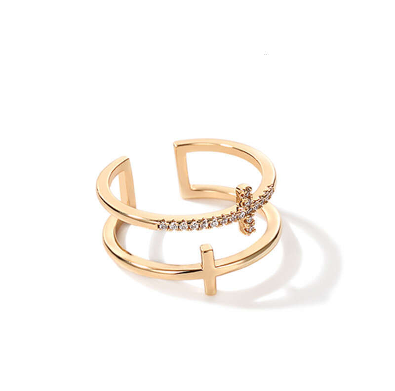 Silver-Plated Double-Layer Cross Open Rose Gold Inlaid with Diamonds Index Finger Ring Trendy Jewelry for Women