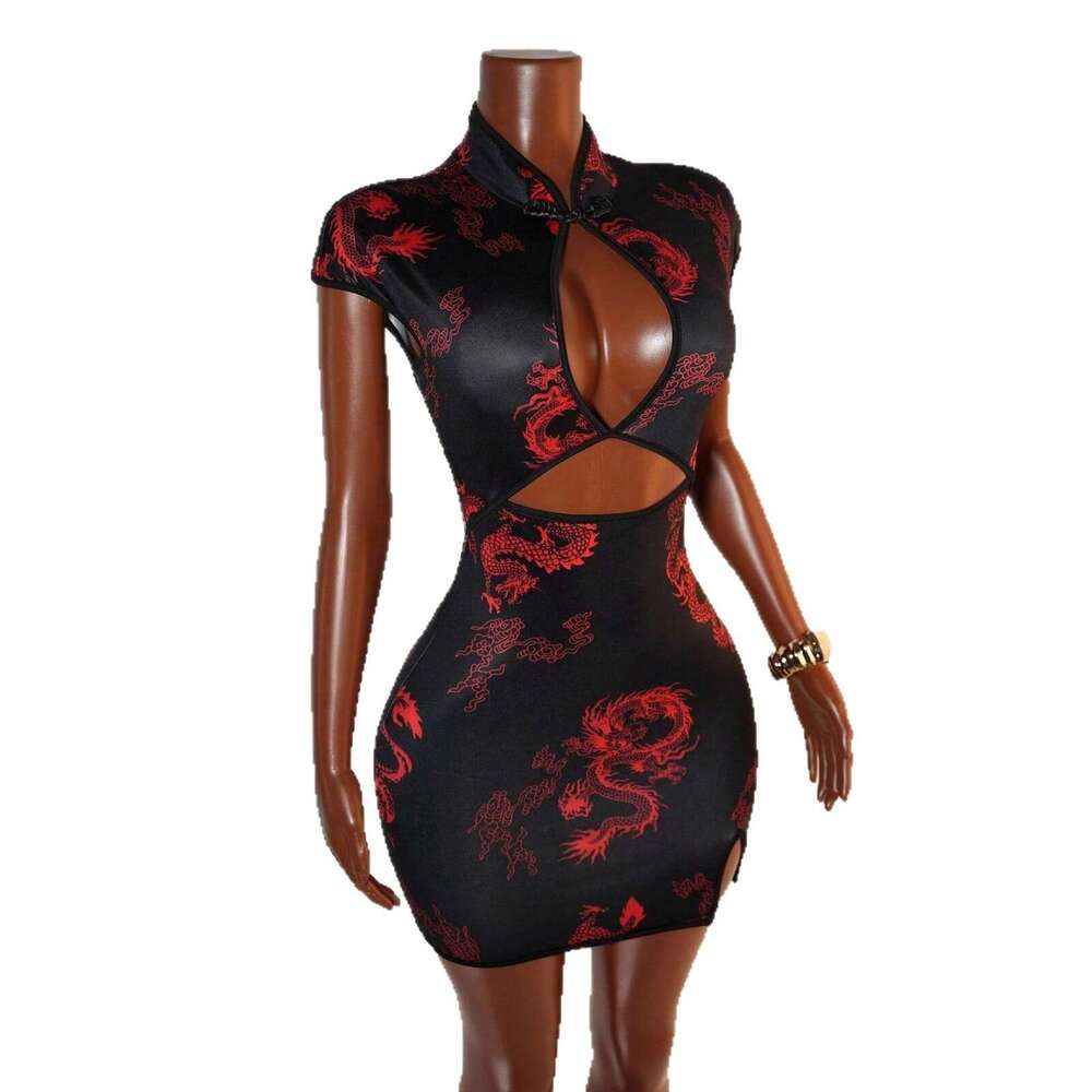 Trendy Street Chinese Style Dragon Print Dresses Women Sexy Hollow Out Package Hip Cheongsam Dress Streetwear Lady Slim Vestidos Short-Sleeve Qipao Dr