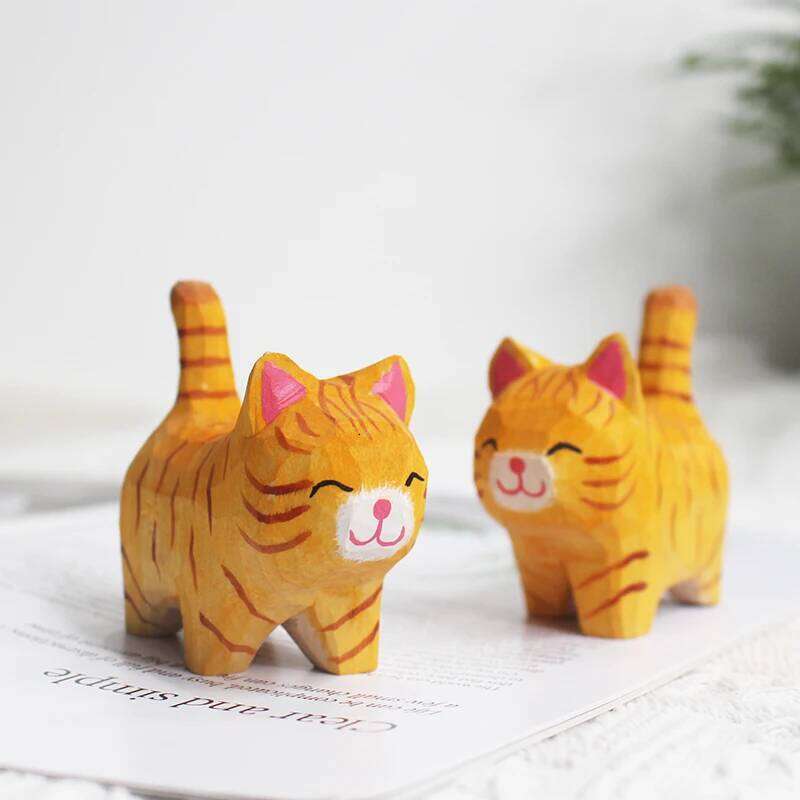 Handmade Carving Kitten Ornaments Small Animal Creative Desktop Wood Cat Decoration Crafts S260204