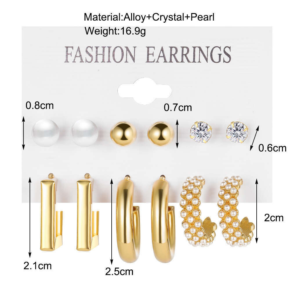 european and american style metal ear rings square geometric earrings retro pearl earrings hepburn style earring set 6piece set
