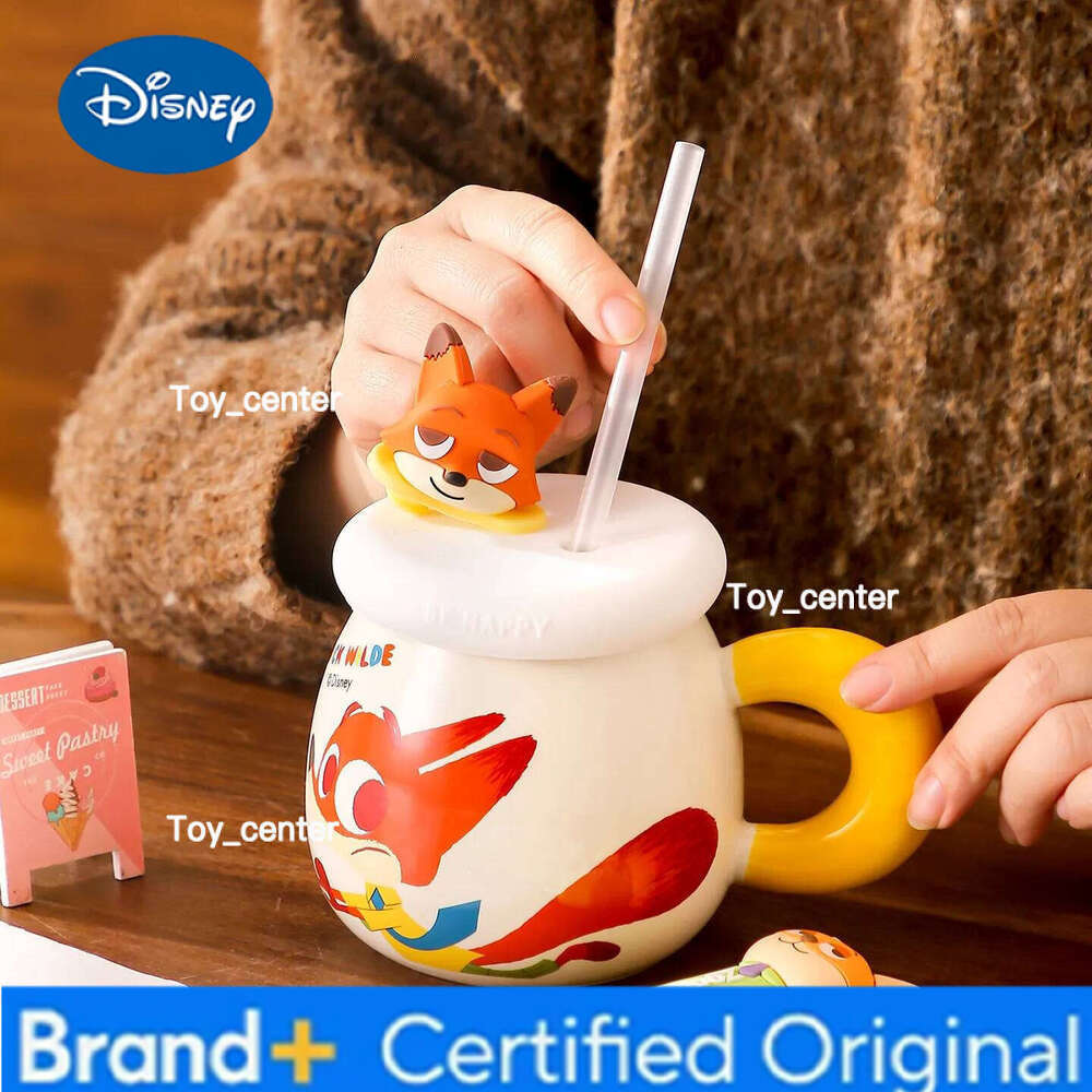 Disney Zootopia Large Capacity Water Cups Couple Cartoon Ceramic Breakfast Milk Mugs with Lid and Straw Creative Office Coffee Cup H260205