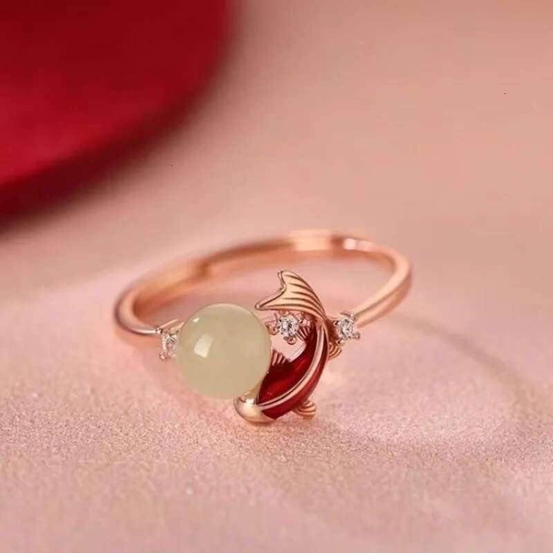 Designer Gold Plated Open Ring Chinese Traditional Style Imitation Jade Carp Goldfish Adjustable Band For Festival Wedding Daily Wear Gift