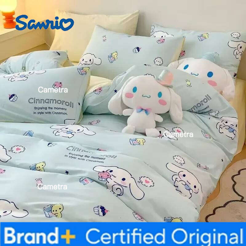 Sanrio New pink grid My melody anime cartoon cotton children's bed sheet three-piece girl's heart quilt cover four-piece set H260205