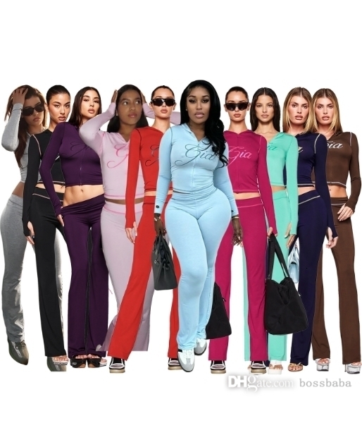 Fashion Womens Tracksuit 2 Piece Set Women Printed Hooded Long Sleeve Zipper Top Jacket Flared Pants High Steet Casual Suit 20 Styles