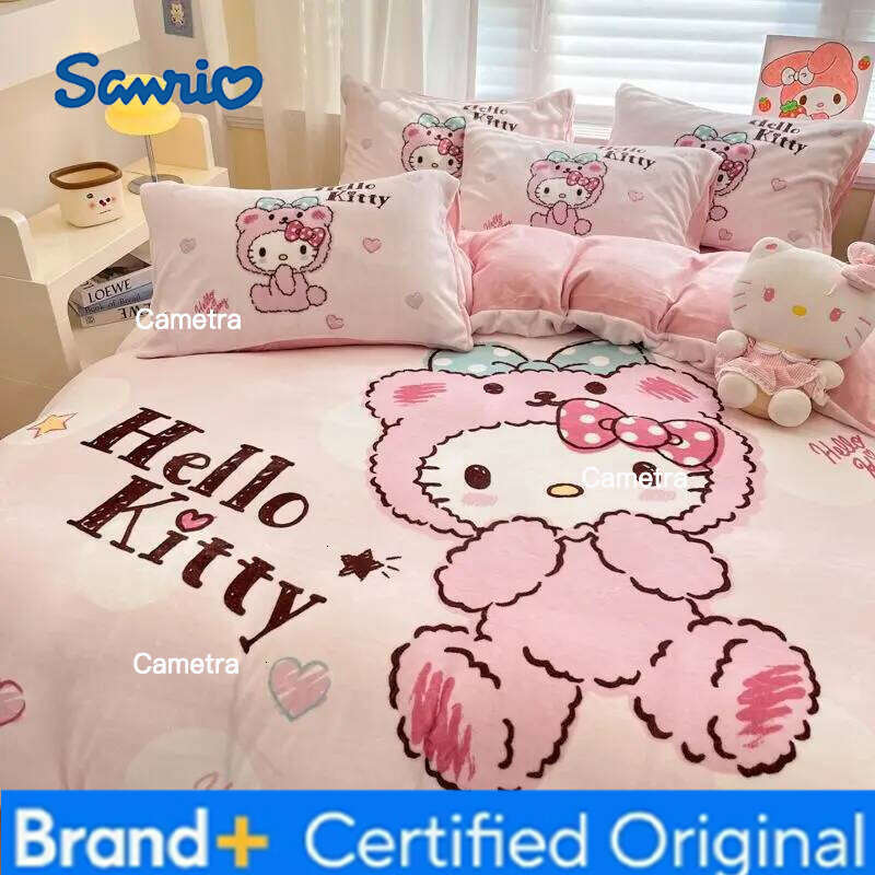 Sanrio Ins Original Milk Fleece 4pcs Cute KT Cat Thickened Quilt Cover Sheet Pillowcase 3kg, Girls 3pcs Set H260205