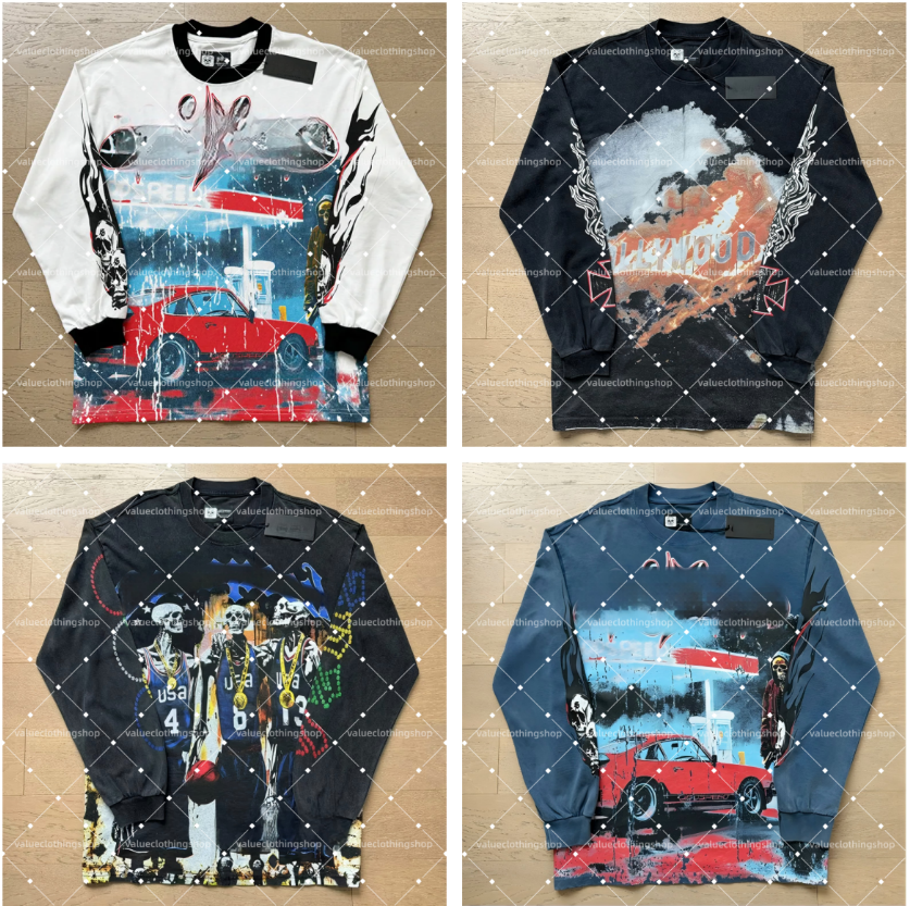 T-shirt men's long sleeved T-shirt designer new pure cotton breathable T-shirt Helly summer fashion washed heavy craft retro printed long sleeved shirt