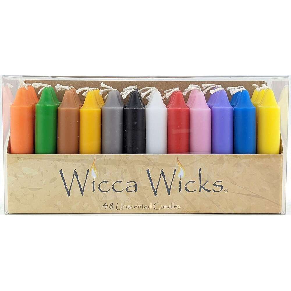 Wicca Wicks - Box of 48 Colored Candles 4 inches Tall 3/4 inch Diameter Witchcraft Supplies for Your Personal Wiccan Altar, Spells, Charms & Intention