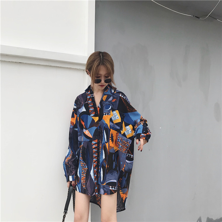 Korean Style Shirt for Women Mid-Length Printed Long Sleeve Loose Fit Sun Protection Cardigan Color Block Design Versatile 210529