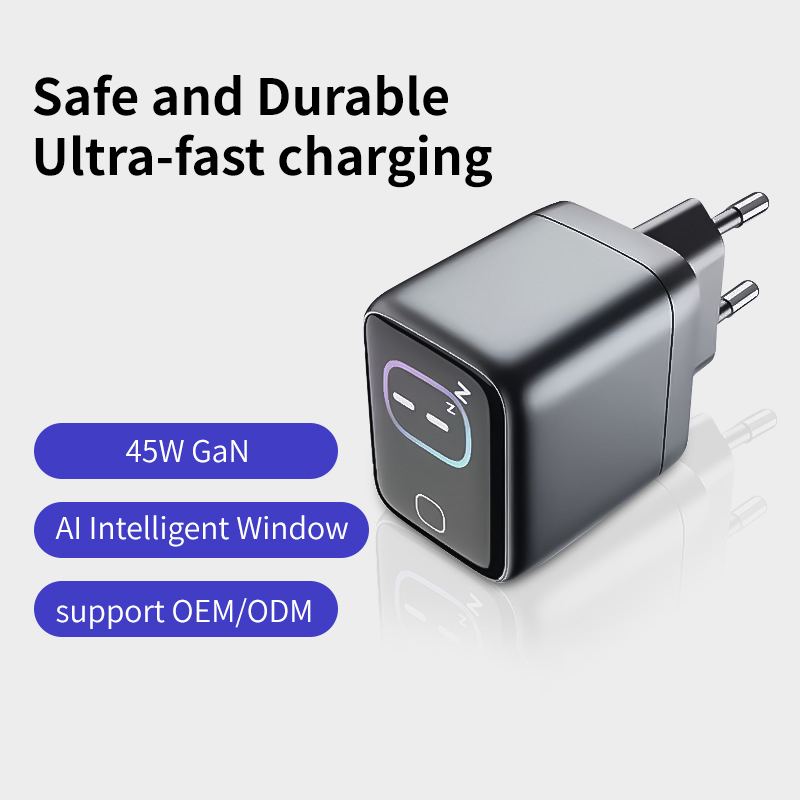 AI display screen 45W GaN Type C fast charger with US UK EU power plug for iphone/Samsung/iPad