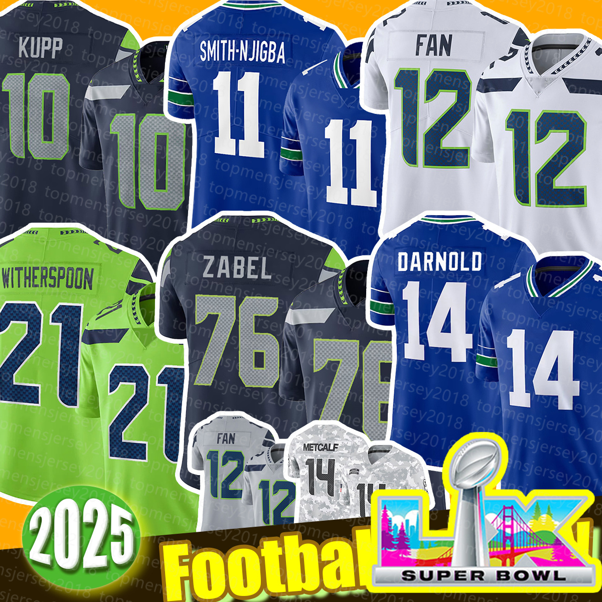 11 Jaxon Smith-Njigba 10 Cooper Kupp 21 Devon Witherspoon Football Jersey 6 Jalen Milroe 14 Sam Darnold 9 Kenneth Walker III 76 Grey Zabel 19 Jake Bobo 20 Julian Love