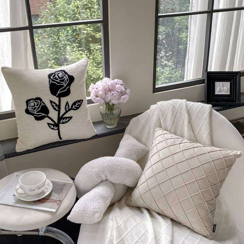Pillow Case Rose Light Luxury Living Room Chenille Embroidered Sofa Pillow Decorative Cushion Backrest Pillow Cover Home Decor
