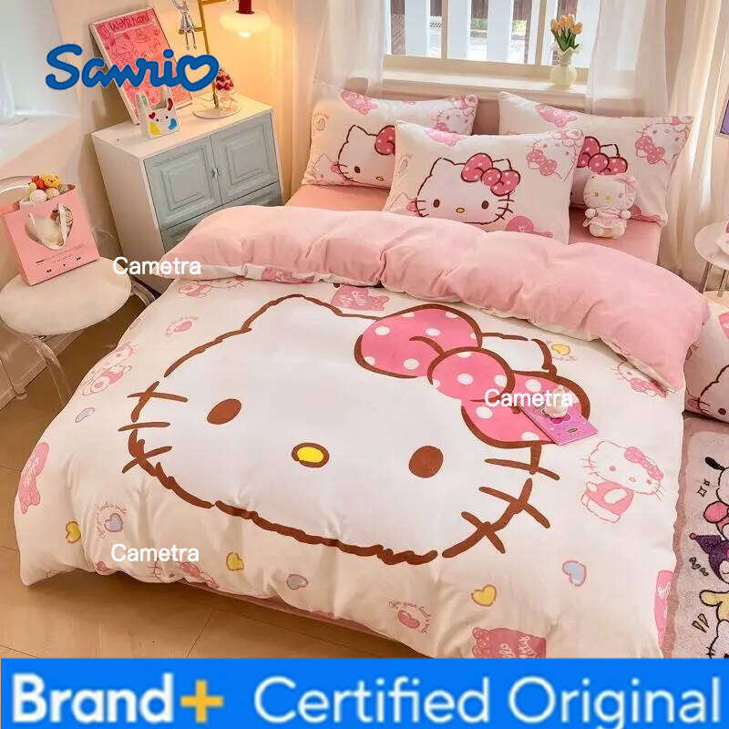 Sanrio Milk Fleece 4-piece Cute Kitty Thickened 3kg Quilt Cover Bed Sheet Pillowcase Children's 3-piece Set H260205