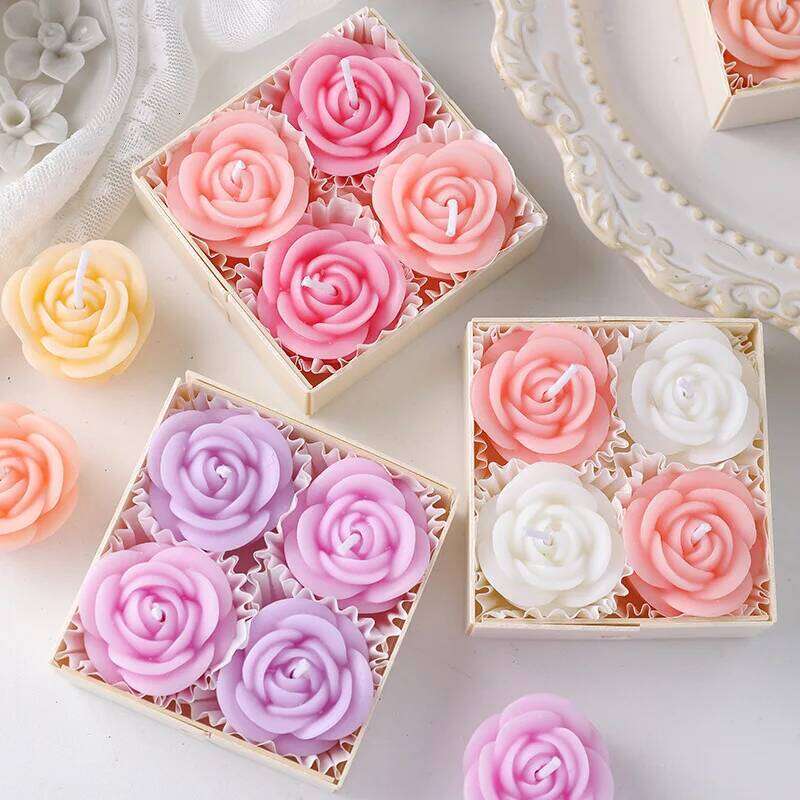 4pc/box Pink Purple Rose Box, Romantic Gift And Souvenir, Artificial Flower Scented Candle S260204