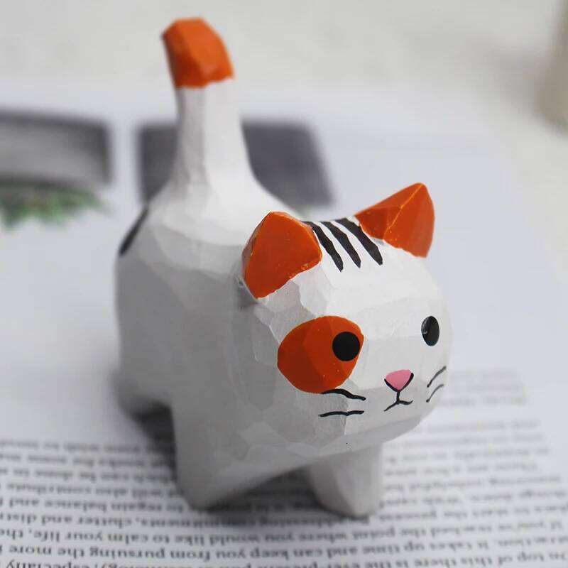 Handmade Carving Kitten Ornaments Small Animal Creative Desktop Wood Cat Decoration Crafts S260204