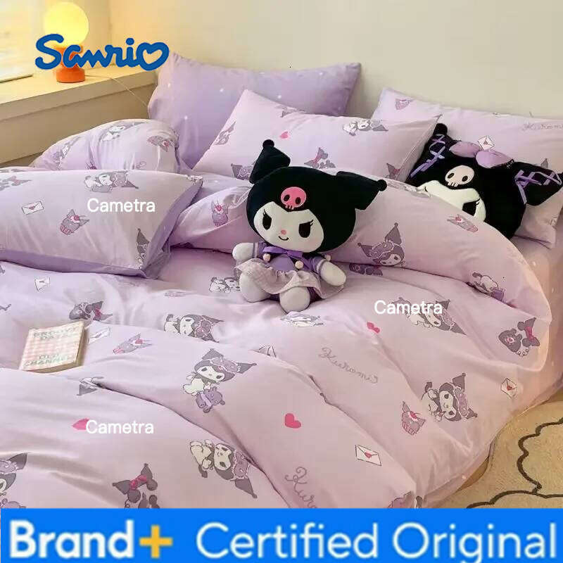 Sanrio New pink grid My melody anime cartoon cotton children's bed sheet three-piece girl's heart quilt cover four-piece set H260205