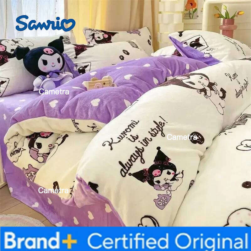 Sanrio Cartoon Milk Fleece 3kg Cinnamoroll Melody Four-piece Kuromi Flannel Three-piece Quilt Cover Sheet Pillowcase H260205