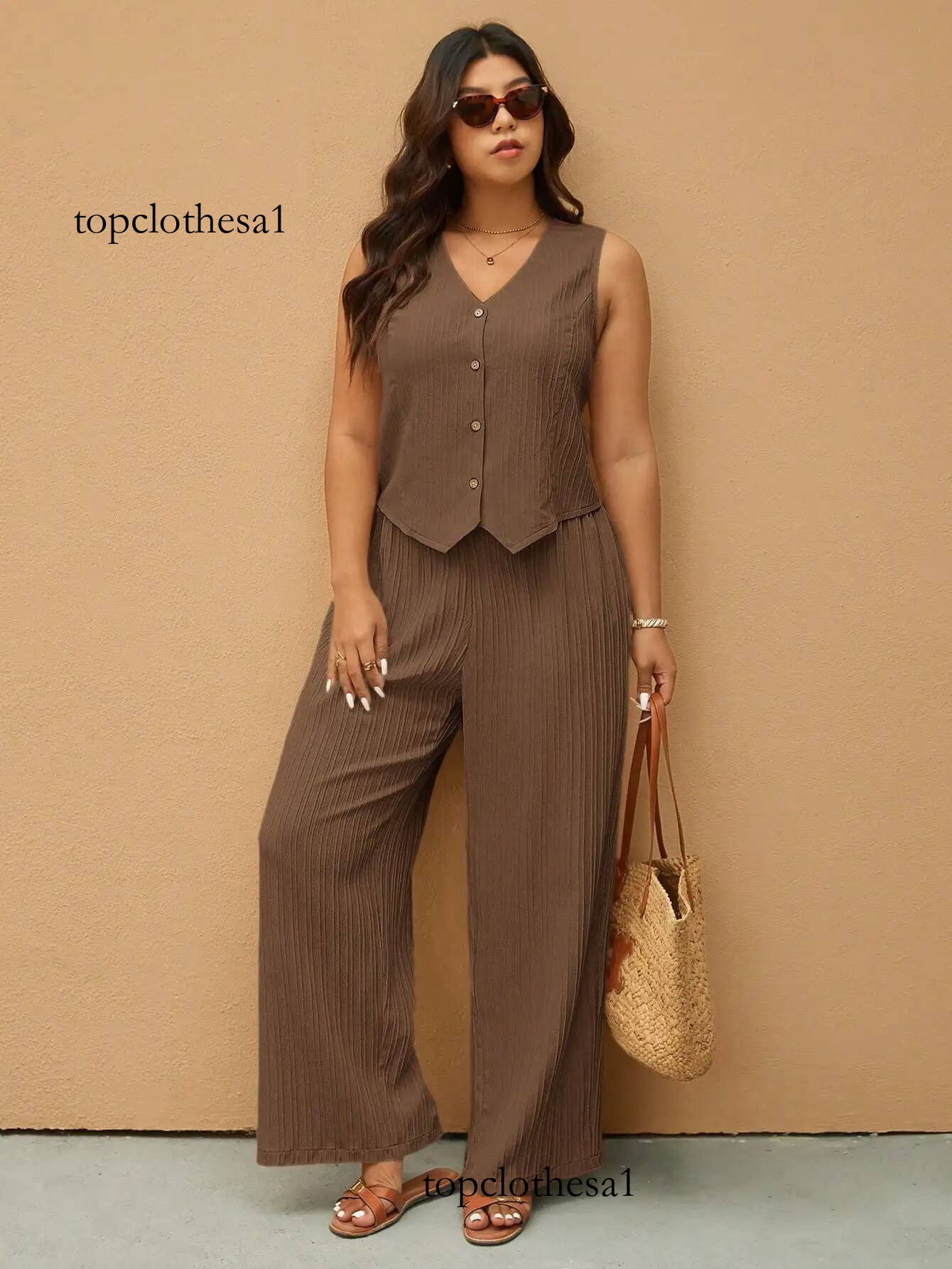 Plus Size Sleeveless Button-Up Vest & Wide Leg Pants 2-Piece Set for Women, Casual Summer Outfit