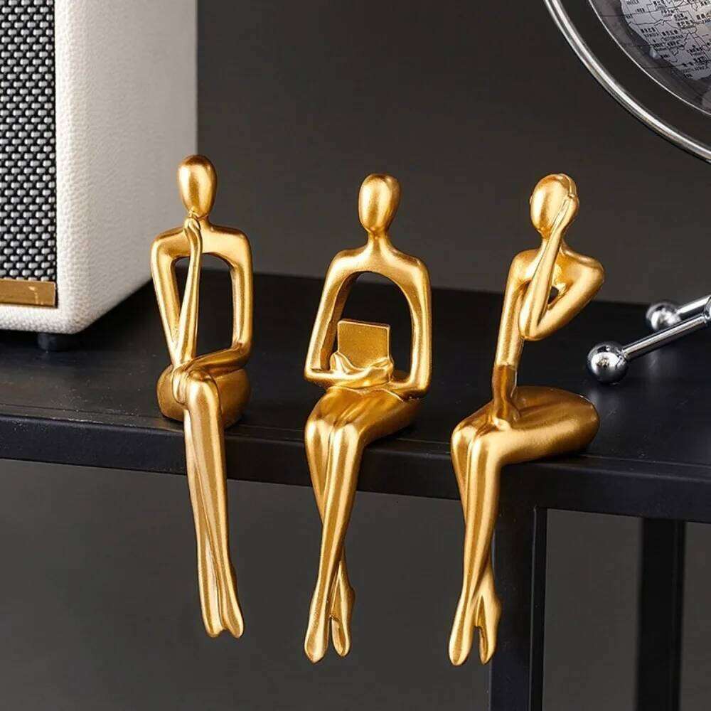 Resin Human Body Art Abstract Design Golden Finish Figure Statue Thinking Reading Man Desktop Ornament Home Decor S260204