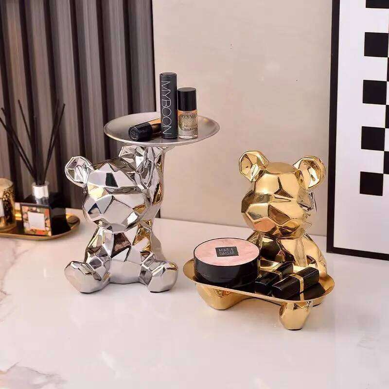 Ceramic Geometric Bear Ornament Coin Bank Home Living Room Desktop Remote Control Key Storage Tray Decorative Statue Gift S260204