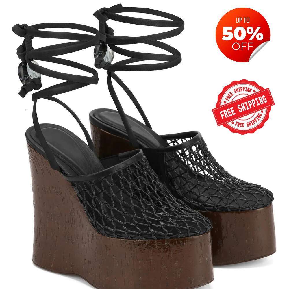 Women's Wood Grain Platform Sandals Adjustable T-Strap Chunky Heel Fishnet Summer Festival Shoes Nude Black Block heels Daily Outfit