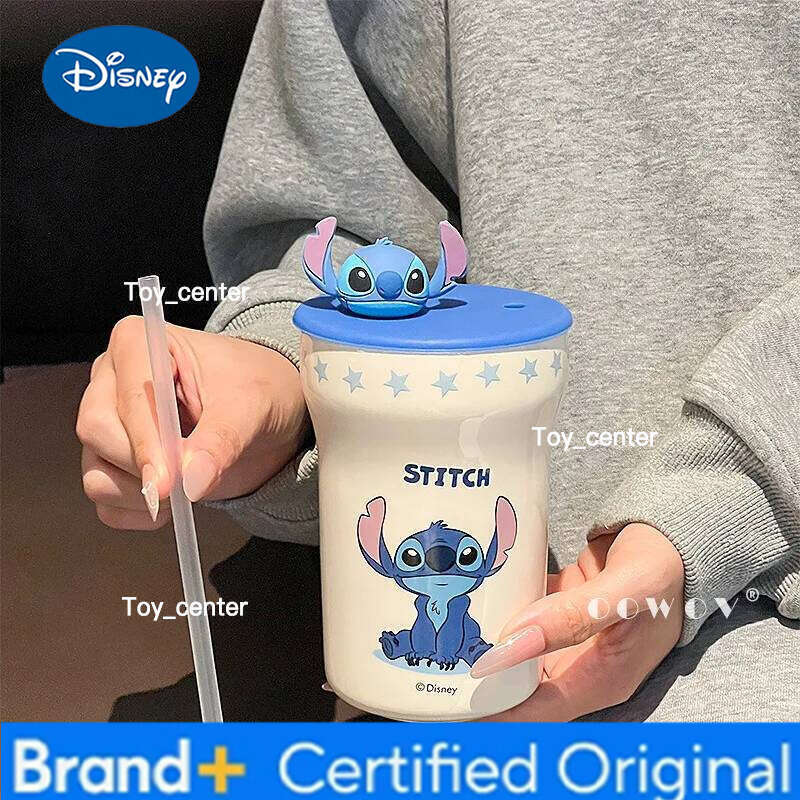 Disney Stitch Angel 2025 New High Aesthetic Ceramic Mug With Lid And Straw Couple Coffee Milk Cup Birthday Gift For Couples H260205