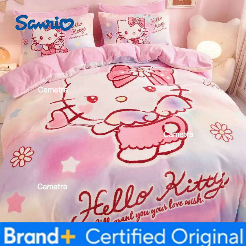 Sanrio New Hello Kitty My Melody Cinnamoroll cartoon print autumn winter bedroom dormitory high-quality bed sheet and quilt cover set H260205