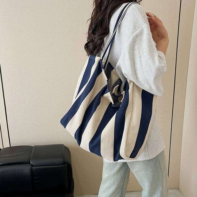 Summer Stripe Canvas Tote Female Casual Large Capcity Simple Shoulder Bags Shopping Handbag Daily Totes Bag Y260204